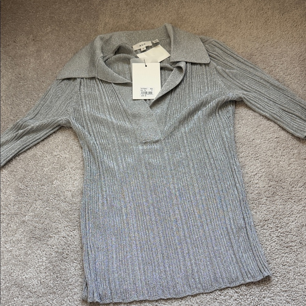 A.L.C NWT Metallic Silver Ribbed Collared Women's Sweater